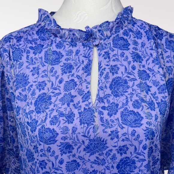 J.Crew Floral Blouse Ruffle Neck Keyhole Front Flowy Sleeve Medium - Picture 2 of 9